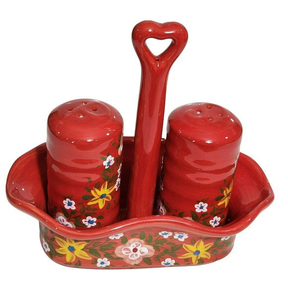 Handcrafted Ceramic Red Salt And Pepper Shakers With Caddy - Picture 5 of 16